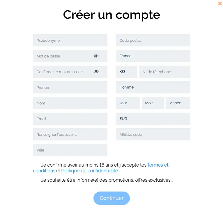 Processus d'inscription Gaming Club Casino